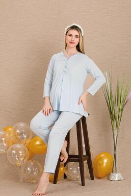 Kadın 2'li Uzun Kol Hamile Lohusa Pijama Takım, Emzirme Düğmeli, Omuzları Dantelli - 5