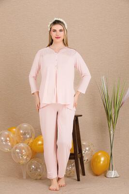 Kadın 2'li Uzun Kol Hamile Lohusa Pijama Takım, Emzirme Düğmeli, Omuzları Dantelli - 2