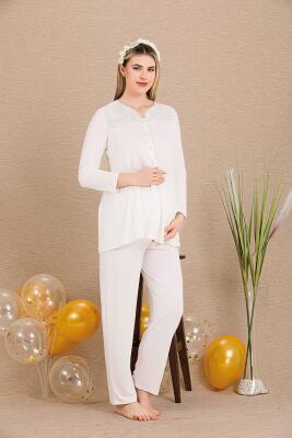 Kadın 2'li Uzun Kol Hamile Lohusa Pijama Takım, Emzirme Düğmeli, Omuzları Dantelli - 3