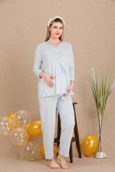 Kadın 2'li Uzun Kol Hamile Lohusa Pijama Takım, Emzirme Düğmeli, Omuzları Dantelli - 6