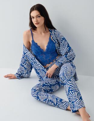 Kadın 3’lü Desenli Pijama & Ev Giyim Seti – Dantelli Bralet Sütyen , Pantolon ve Sabahlık, %50 Pamuk %50 Modal - 11