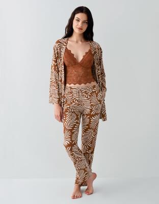 Kadın 3’lü Desenli Pijama & Ev Giyim Seti – Dantelli Bralet Sütyen , Pantolon ve Sabahlık, %50 Pamuk %50 Modal - 2