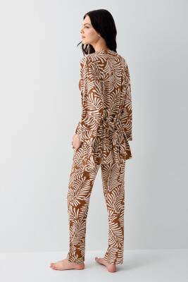 Kadın 3’lü Desenli Pijama & Ev Giyim Seti – Dantelli Bralet Sütyen , Pantolon ve Sabahlık, %50 Pamuk %50 Modal - 4
