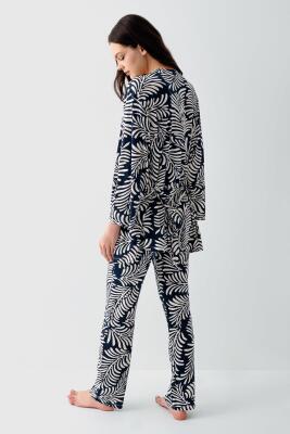 Kadın 3’lü Desenli Pijama & Ev Giyim Seti – Dantelli Bralet Sütyen , Pantolon ve Sabahlık, %50 Pamuk %50 Modal - 9