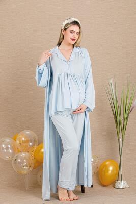 Kadın 3'lü Hamile Lohusa Pijama Takım, Hamile Lohusa Sabahlık ve Pijama Set - 4