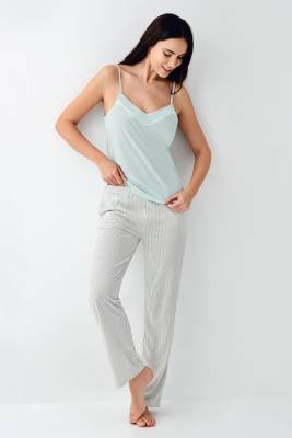 Kadın 3'lü Pijama Takım, Cepli Pantolon, İp Askılı Atlet ve Kuşaklı Sabahlık, %50 Pamuk %50 Modal - 3