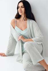 Kadın 3'lü Sabahlıklı Pijama Takım , %50 Pamuk %50 Modal - Thumbnail