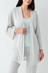 Kadın 3'lü Sabahlıklı Pijama Takım , %50 Pamuk %50 Modal - Thumbnail