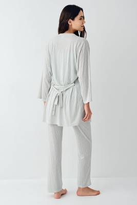 Kadın 3'lü Sabahlıklı Pijama Takım , %50 Pamuk %50 Modal - 5