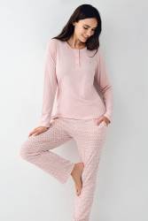 Kadın %50 Modal %50 Pamuklu Açık Pembe Mevsimlik Düğmeli Yaka Pijama Takım, Cep Detaylı - Thumbnail