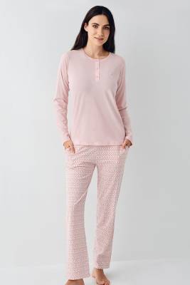Pierre Cardin - Kadın %50 Modal %50 Pamuklu Açık Pembe Mevsimlik Düğmeli Yaka Pijama Takım, Cep Detaylı (1)