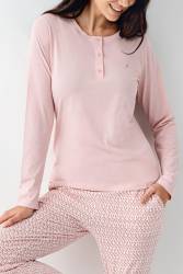 Kadın %50 Modal %50 Pamuklu Açık Pembe Mevsimlik Düğmeli Yaka Pijama Takım, Cep Detaylı - Thumbnail