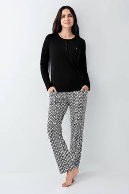 Pierre Cardin - Kadın %50 Modal %50 Pamuklu Siyah Mevsimlik Düğmeli Yaka Pijama Takım, Cep Detaylı (1)