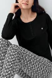 Kadın %50 Modal %50 Pamuklu Siyah Mevsimlik Düğmeli Yaka Pijama Takım, Cep Detaylı - Thumbnail