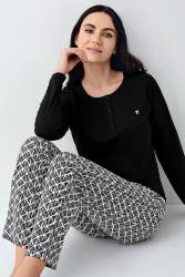 Kadın %50 Modal %50 Pamuklu Siyah Mevsimlik Düğmeli Yaka Pijama Takım, Cep Detaylı - Thumbnail