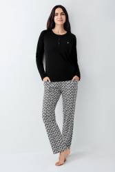 Kadın %50 Modal %50 Pamuklu Siyah Mevsimlik Düğmeli Yaka Pijama Takım, Cep Detaylı - Thumbnail