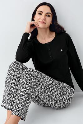Kadın %50 Modal %50 Pamuklu Siyah Mevsimlik Düğmeli Yaka Pijama Takım, Cep Detaylı - 1