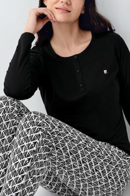 Kadın %50 Modal %50 Pamuklu Siyah Mevsimlik Düğmeli Yaka Pijama Takım, Cep Detaylı - 3