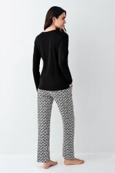 Kadın %50 Modal %50 Pamuklu Siyah Mevsimlik Düğmeli Yaka Pijama Takım, Cep Detaylı - 4