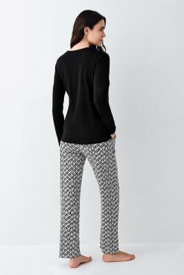 Kadın %50 Modal %50 Pamuklu Siyah Mevsimlik Düğmeli Yaka Pijama Takım, Cep Detaylı - 4