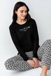 Kadın %50 Modal %50 Pamuklu Siyah Mevsimlik Pijama Takım, Cep Detaylı - Thumbnail