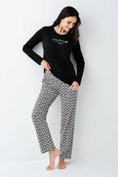 Kadın %50 Modal %50 Pamuklu Siyah Mevsimlik Pijama Takım, Cep Detaylı - Thumbnail