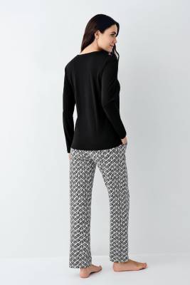 Kadın %50 Modal %50 Pamuklu Siyah Mevsimlik Pijama Takım, Cep Detaylı - 4