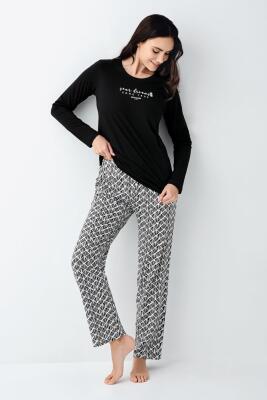 Kadın %50 Modal %50 Pamuklu Siyah Mevsimlik Pijama Takım, Cep Detaylı - 2