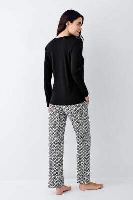 Kadın %50 Modal %50 Pamuklu Siyah Mevsimlik Pijama Takım, Cep Detaylı - 4