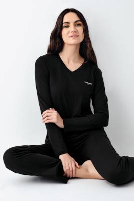Pierre Cardin - Kadın %50 Modal %50 Pamuklu Siyah Mevsimlik V Yaka Pijama Takım, Cep Detaylı