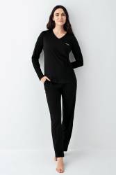 Kadın %50 Modal %50 Pamuklu Siyah Mevsimlik V Yaka Pijama Takım, Cep Detaylı - Thumbnail