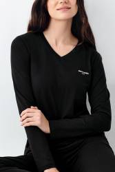 Kadın %50 Modal %50 Pamuklu Siyah Mevsimlik V Yaka Pijama Takım, Cep Detaylı - Thumbnail
