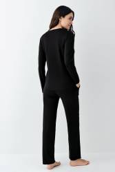 Kadın %50 Modal %50 Pamuklu Siyah Mevsimlik V Yaka Pijama Takım, Cep Detaylı - Thumbnail