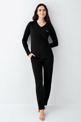 Kadın %50 Modal %50 Pamuklu Siyah Mevsimlik V Yaka Pijama Takım, Cep Detaylı - 2