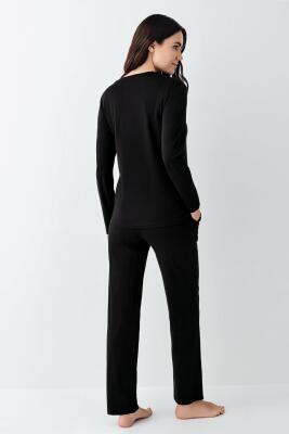 Kadın %50 Modal %50 Pamuklu Siyah Mevsimlik V Yaka Pijama Takım, Cep Detaylı - 4