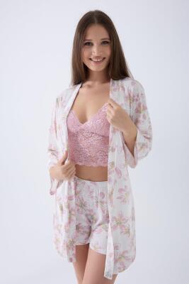 Kadın %50 Pamuk %50 Modal 3’lü Dantelli Şort Pijama & Sabahlık Seti – Hafif, Nefes Alan Ev Giyim Takımı - 1