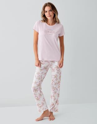 Kadın %50 Pamuk %50 Modal Baskılı Pijama Takımı – Kısa Kollu, Uzun Paça, Yumuşak Dokulu, Büyük Beden Seçenekli - 2