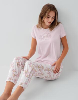 Kadın %50 Pamuk %50 Modal Baskılı Pijama Takımı – Kısa Kollu, Uzun Paça, Yumuşak Dokulu, Büyük Beden Seçenekli - 1