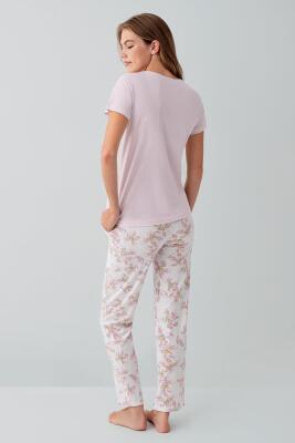 Kadın %50 Pamuk %50 Modal Baskılı Pijama Takımı – Kısa Kollu, Uzun Paça, Yumuşak Dokulu, Büyük Beden Seçenekli - 4