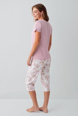 Kadın %50 Pamuk %50 Modal Düğmeli Cepli Kapri Pijama Takımı – Kısa Kollu, Çiçek Desenli, Büyük Beden Seçenekli - 4