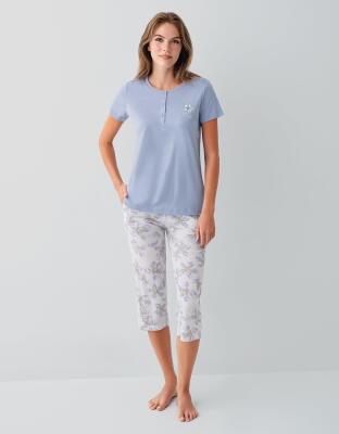 Kadın %50 Pamuk %50 Modal Düğmeli Cepli Kapri Pijama Takımı – Kısa Kollu, Çiçek Desenli, Büyük Beden Seçenekli - 5