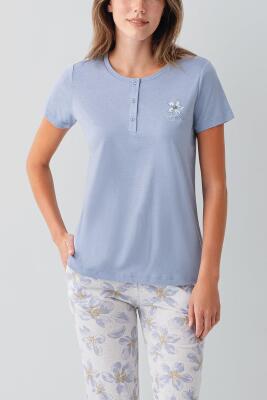 Kadın %50 Pamuk %50 Modal Düğmeli Cepli Kapri Pijama Takımı – Kısa Kollu, Çiçek Desenli, Büyük Beden Seçenekli - 6