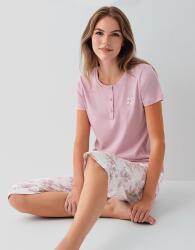 Kadın %50 Pamuk %50 Modal Düğmeli Cepli Kapri Pijama Takımı – Kısa Kollu, Çiçek Desenli, Büyük Beden Seçenekli