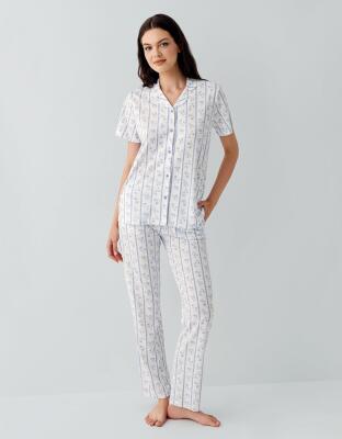 Kadın %50 Pamuk %50 Modal Düğmeli Pijama Takımı – Kısa Kollu, Uzun Paça, Yumuşak Dokulu Ev Giyimi - 2