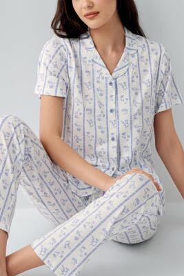 Kadın %50 Pamuk %50 Modal Düğmeli Pijama Takımı – Kısa Kollu, Uzun Paça, Yumuşak Dokulu Ev Giyimi - 3