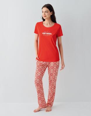 Kadın %50 Pamuk %50 Modal Kısa Kollu Pijama Takımı – Yumuşak Dokulu, Desenli Alt, Rahat Kalıp - 2