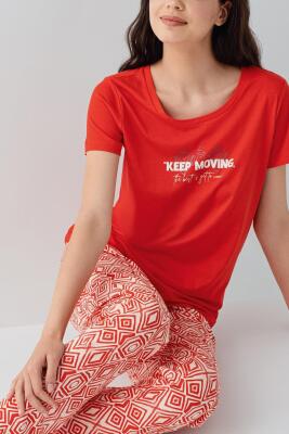 Kadın %50 Pamuk %50 Modal Kısa Kollu Pijama Takımı – Yumuşak Dokulu, Desenli Alt, Rahat Kalıp - 3