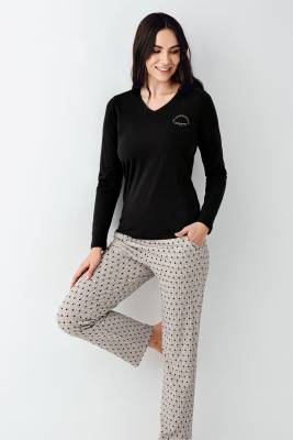 Pierre Cardin - Kadın %50 pamuk %50 modal Siyah V Yaka Uzunkol Pijama Takım (1)