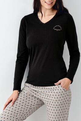 Kadın %50 pamuk %50 modal Siyah V Yaka Uzunkol Pijama Takım - 3
