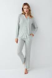 Kadın Açık Yeşil Gömlek Pijama Takım, Çizgili, %50 Pamuk %50 Modal - Thumbnail